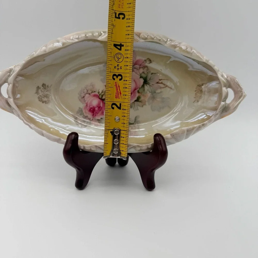VTG German Porcelain Oval Celery Dish / Relish Tray Pink Roses and Gold accents